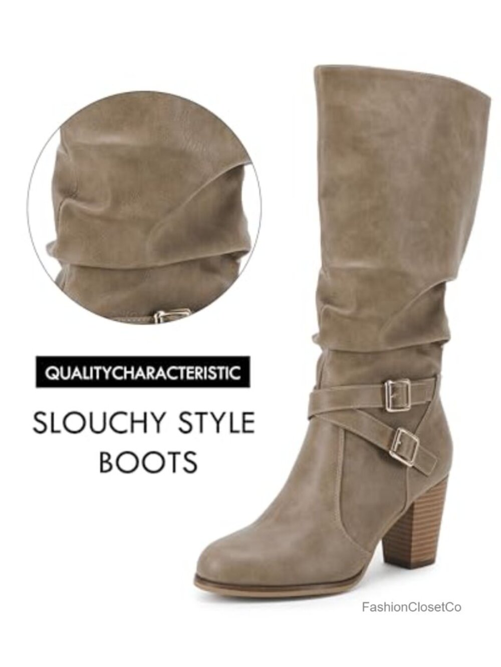 Faux Leather Mid Calf Chunky Heel Slouchy Boots Side Zipper Women Winter Shoes - Picture 3 of 6